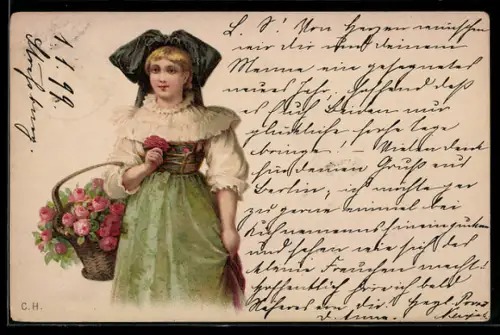 AK Hübsche Frau mit elsass-lothringischer Tracht und einem Korb voller Rosen