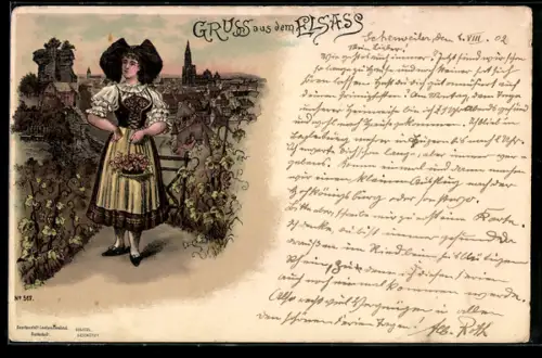 Lithographie Hübsche Frau mit Korb voller Rosen in elsass-lothringischer Tracht