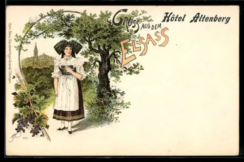 Lithographie Weissenburg, Gruss aus dem Elsass, Maid in Tracht