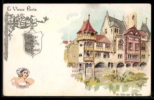 Lithographie Paris, Exposition universelle de 1900, Un Coin sur la Seine