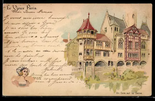 Lithographie Paris, Exposition universelle de 1900, Un Coin sur la Seine