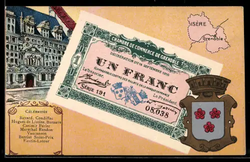 Künstler-AK Grenoble /Isère, Célébrités: Bayard, Condillac, Hugues de Lionne, Geldschein, Wappen