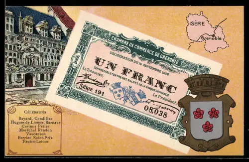 Künstler-AK Grenoble /Isère, Célébrités: Bayard, Condillac, Hugues de Lionne, Geldschein, Wappen