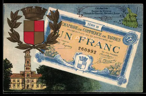 AK Tarbes, Chambre de Commerce de Tarbes, Französischer Geldschein, Wappen