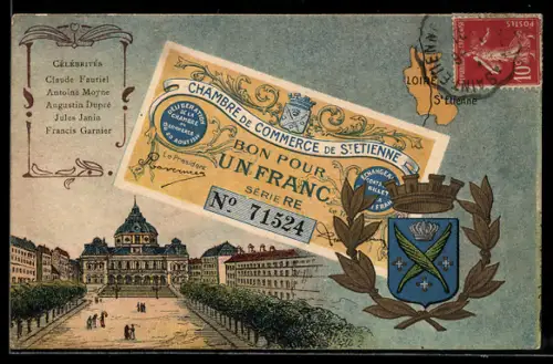 Künstler-AK St-Etienne /Loire, Célébrités: Claude Fauriel, Antoine Moyne, Augustin Dupré, Geldschein, Wappen