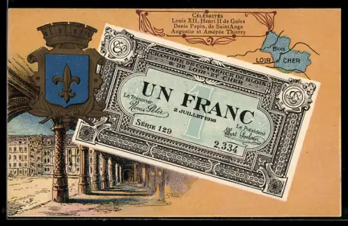 AK Blois, Geldschein Un Franc, Wappen und Säulengang