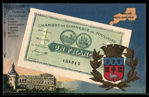 AK Toulouse, Geldschein Un Franc, Wappen