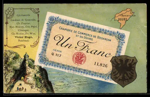 Künstler-AK Besancon /Doubs, Célébrités: Cardinal de Granvelle, Ch. Fourier, Mar. Moncey, Geldschein, Wappen