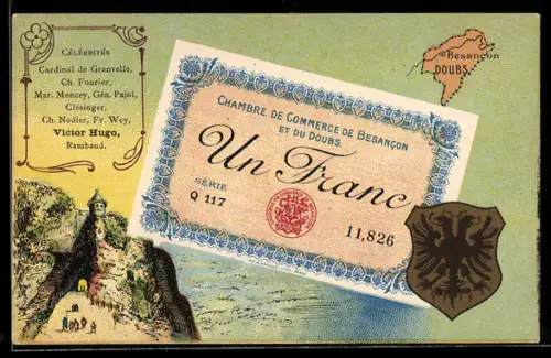 Künstler-AK Besancon /Doubs, Célébrités: Cardinal de Granvelle, Ch. Fourier, Mar. Moncey, Geldschein, Wappen