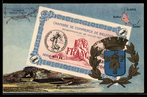 Künstler-AK Belfort, Landkarte mit Alsace & Suisse, Geldschein und Wappen