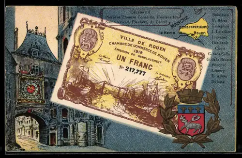 Künstler-AK Rouen /Seine-Inférieure, Célébrités: Pierre et Thomas Corneille, Fontenelle, Siant-Amand, Geldschein, Wappen