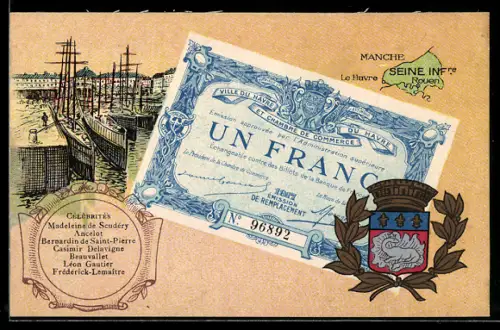 Künstler-AK Rouen /Seine Infre., Célébrités: Madeleine de Scudéry, Ancelot, Geldschein, Wappen