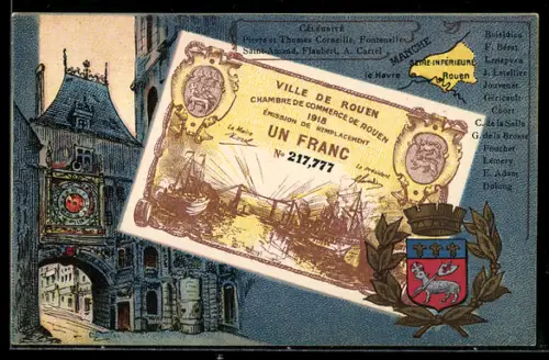 Künstler-AK Rouen /Seine-Inférieure, Célébrités: Pierre et Thomas Corneille, Fontenelle, Siant-Amand, Geldschein, Wappen