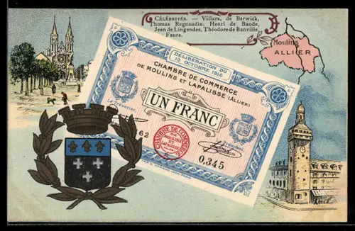 Künstler-AK Moulins /Allier, Célébrités: Villars, De Berwick, Thomas Regnaudin, Geldschein, Wappen