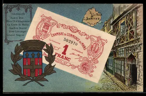 AK Le Mans, Chambre de Commerce, 1 Franc, mit Wappen