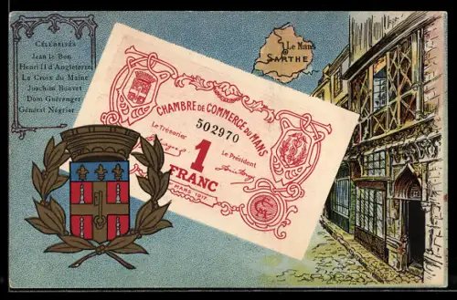 AK Le Mans, Chambre de Commerce, 1 Franc, mit Wappen