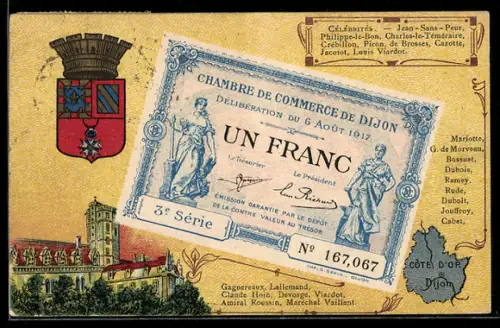 Künstler-AK Dijon /Côte d`Or, Célébrités: Jean-Sans-Peur, Philippe-le-Bon, Charles-le-Téméraire, Geldschein, Wappen