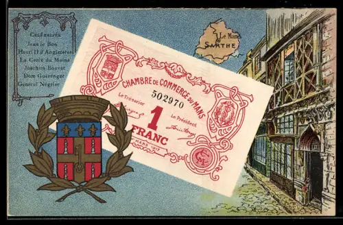 AK Le Mans, Chambre de Commerce, 1 Franc, mit Wappen