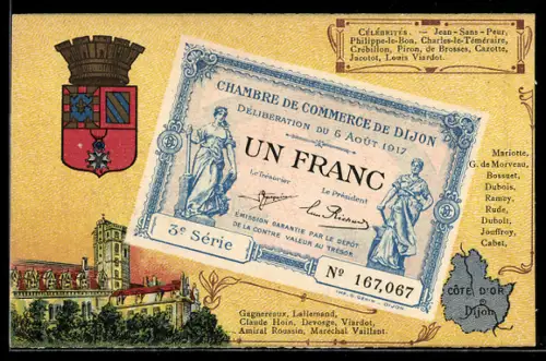 Künstler-AK Dijon /Côte d`Or, Célébrités: Jean-Sans-Peur, Philippe-le-Bon, Charles-le-Téméraire, Geldschein, Wappen