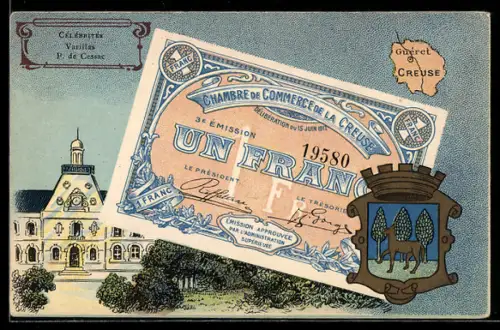 Künstler-AK Guéret /Creuse, Célébrités: Varillas, P. de Cessac, Geldschein, Wappen