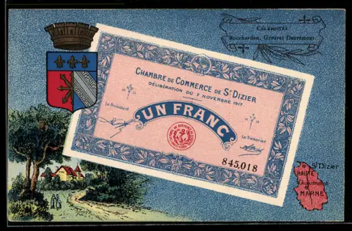 Künstler-AK Chaumont /Haute Marne, Célébrités: Bouchardon, Géneral Danrémont, Geldschein, Wappen