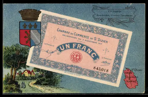 Künstler-AK Chaumont /Haute Marne, Célébrités: Bouchardon, Géneral Danrémont, Geldschein, Wappen