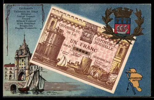 Künstler-AK La Rochelle /Charente Infre, Célébrités: Tellemant des Réaux, Reaumur, Amiral Duperré, Geldschein, Wappen