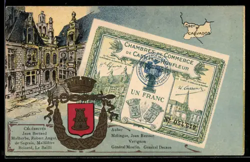 Künstler-AK Caen /Calvados, Célébrités: Jean Bertaud, Malherbe, Robert Angot, Geldschein, Wappen
