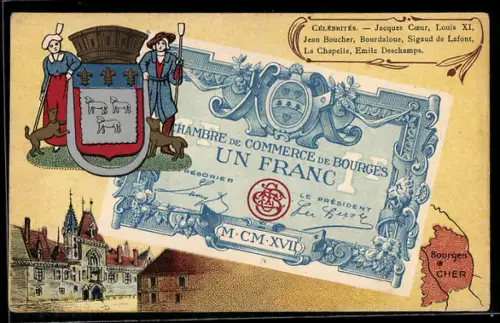 Künstler-AK Bourges /Cher, Célébrités: Jacques Coeur, Louis XI, Jean Boucher, Geldschein, Wappen