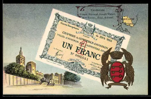 Künstler-AK Avignon /Vaucluse, Célébrités: Folard, Parrocet, Joseph Vernet, Geldschein, Wappen