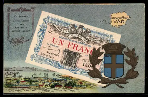 Künstler-AK Draguignan /Var, Célébrités: Le Père Amiot, Ortolan, Courdouan, Geld, Wappen