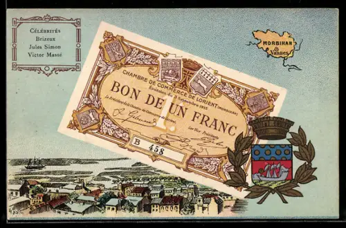 Künstler-AK Vannes /Morbihan, Célébrités: Brizeux, Jules Simon, Victor Massé, Geldschein, Wappen