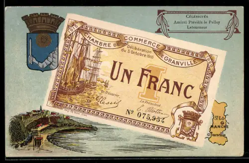 Künstler-AK Granville /Manche, Célébrités: Amiral Pléville le Pelley, Letourneur, Geldschein, Wappen