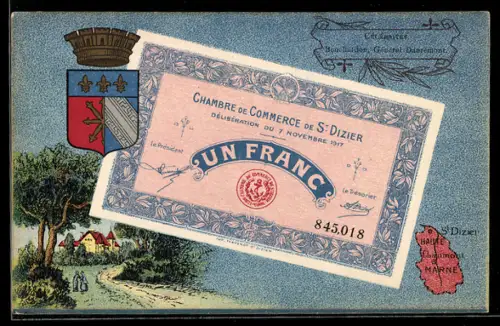 Künstler-AK St Dizier /Marne, Célébrités: Bouchardon, Général Danrémont, Geldschein, Wappen