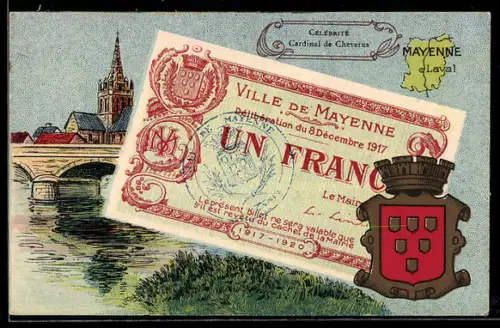Künstler-AK Laval /Mayenne, Célébrité: Cardinal de Cheverus, Geldschein, Wappen
