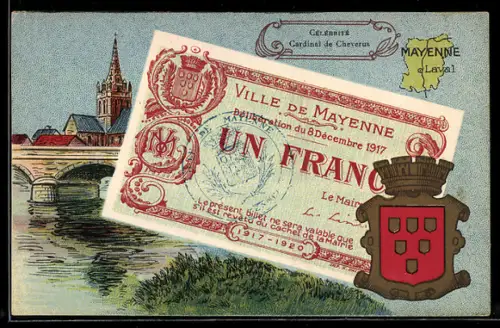 Künstler-AK Laval /Mayenne, Célébrité: Cardinal de Cheverus, Geldschein, Wappen