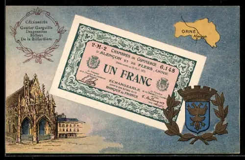 Künstler-AK Alencon /Orne, Célébrités: Gautier Garguille, Desgenettes, Hébert De la Billardère, Geldschein, Wappen