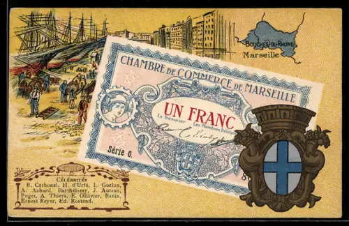 Künstler-AK Marseille /Bouches-du-Rhone, Célébrités: B. Carbonel, H. d`Urfé, L. Gozlan, Geldschein, Wappen