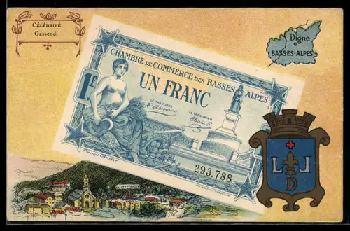 Künstler-AK Digne /Basses-Alpes, Célébrité: Gassendi, Geldschein, Wappen
