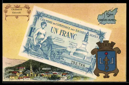Künstler-AK Digne /Basses-Alpes, Célébrité: Gassendi, Geldschein, Wappen