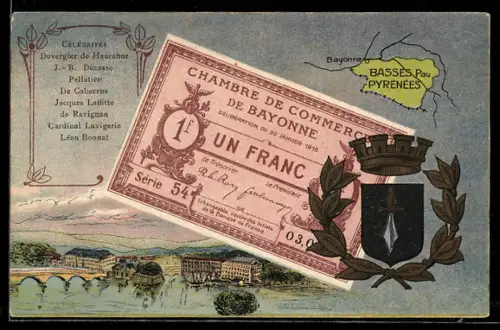 Künstler-AK Bayonne /Basses Pyrénées, Célébrités: Duvergier de Hauranne, J.-B. Ducasse, Pelletier, Geldschein, Wappen