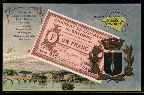 Künstler-AK Bayonne /Basses Pyrénées, Célébrités: Duvergier de Hauranne, J.-B. Ducasse, Pelletier, Geldschein, Wappen