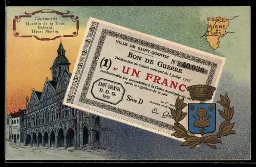 Künstler-AK Laon /Aisne, Célébrités: Quentin de la Tour, Baboeuf, Henri Martin, Geldschein, Wappen