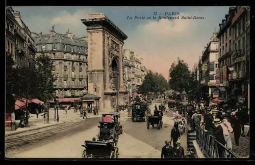 AK Paris, La Porte et le Boulevard Saint-Denis, Partie am Tor mit Pferdekutschen