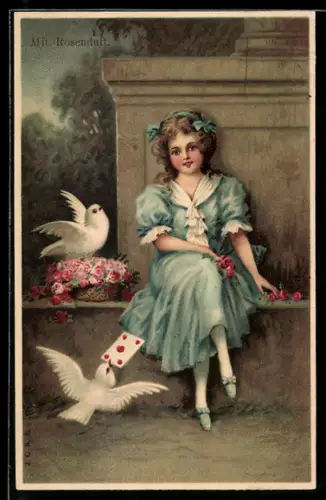 Duft-AK Junges Mädchen im blauen Kleid mit zwei weissen Vögeln