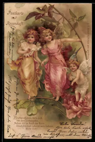 Duft-AK Engel, in festlichen Kleidern auf einer Blume stehend