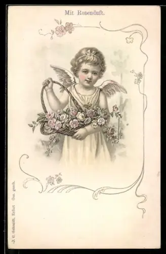 AK Engel mit Rosen in einem Korb