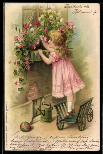 Duft-AK Mädchen im Kleid vor dem Fenster
