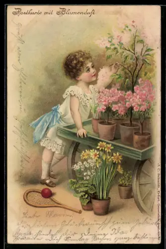 AK Mädchen mit Blumenwagen, Tennisschläger