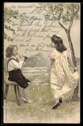 Duft-AK Junge spielt auf Flöte und Mädchen tanzt dazu